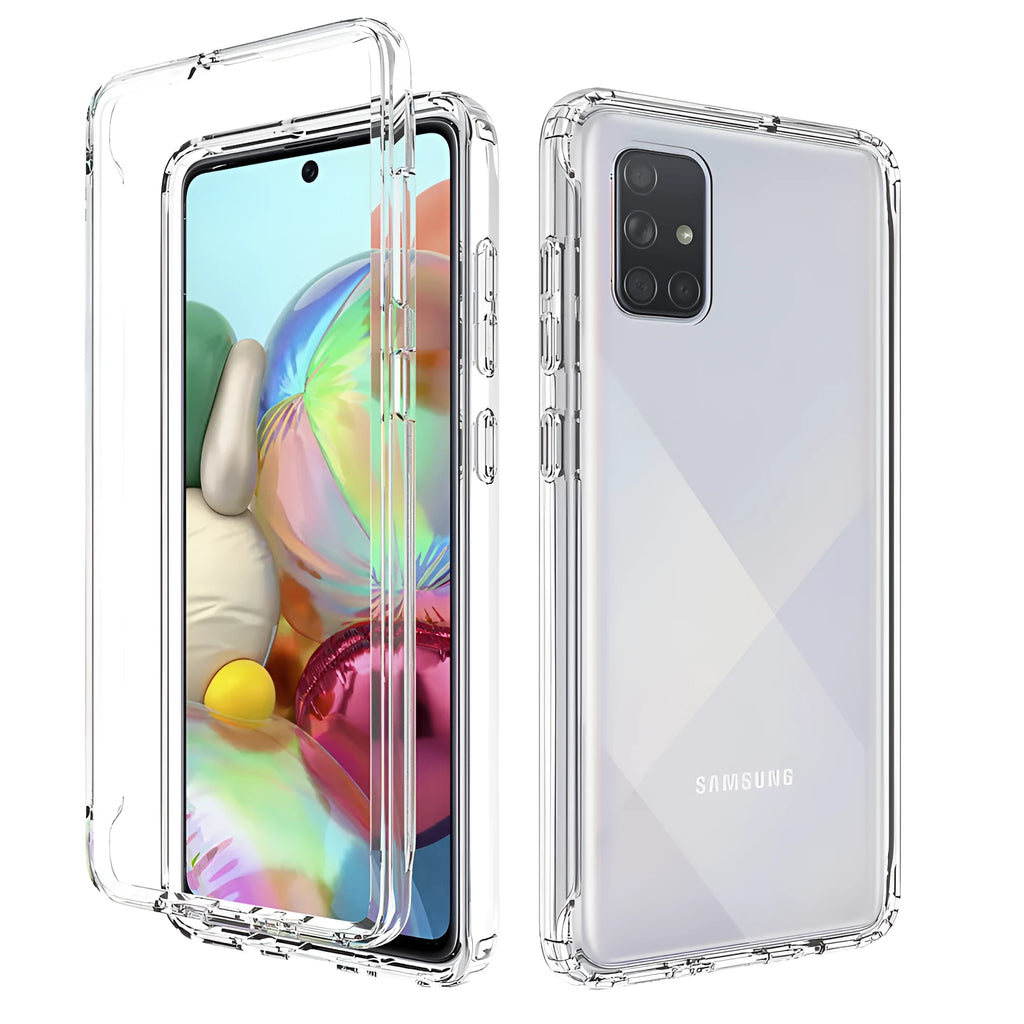 Transparent Samsung phone case showing clear back cover with bumper edges on compatible Galaxy device