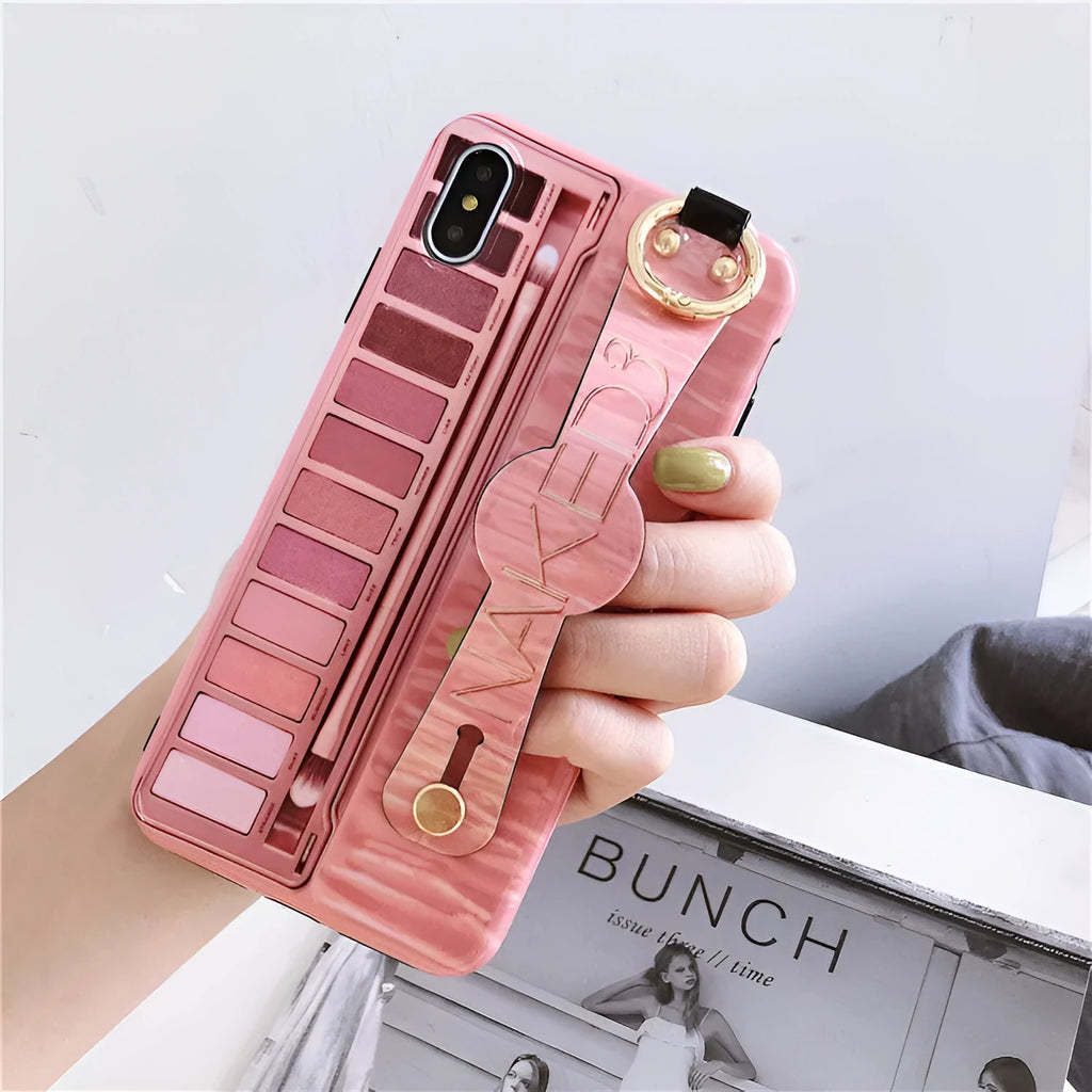 Rose red phone case with wristband and eye shadow box compatible with iPhone 7 8 Plus X XR XS Max