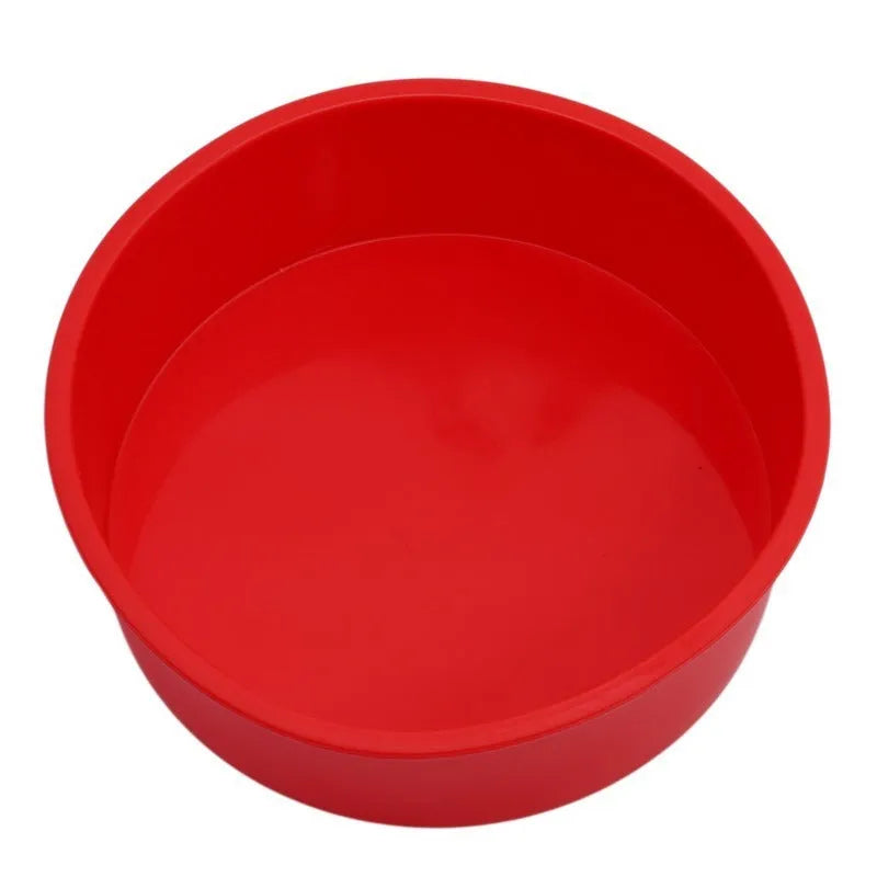 Red silicone round cake mould baking tray showing three sizes: 4 inch, 6 inch, and 8 inch diameters