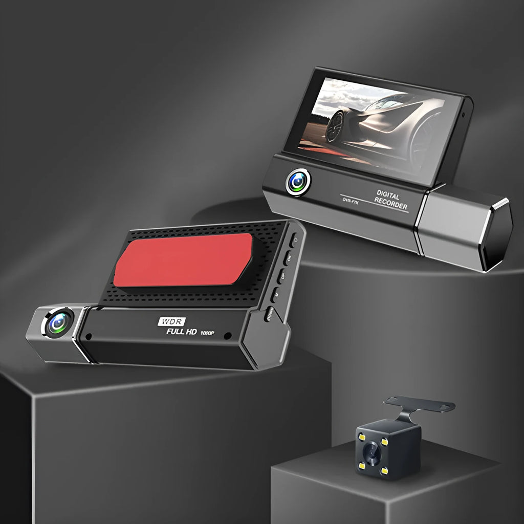 Black plastic 3-lens car dashcam with touch screen, suitable for vehicle recording