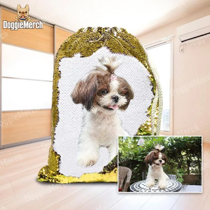 Custom purple sequin backpack with a personalised dog photo print and drawstring opening.