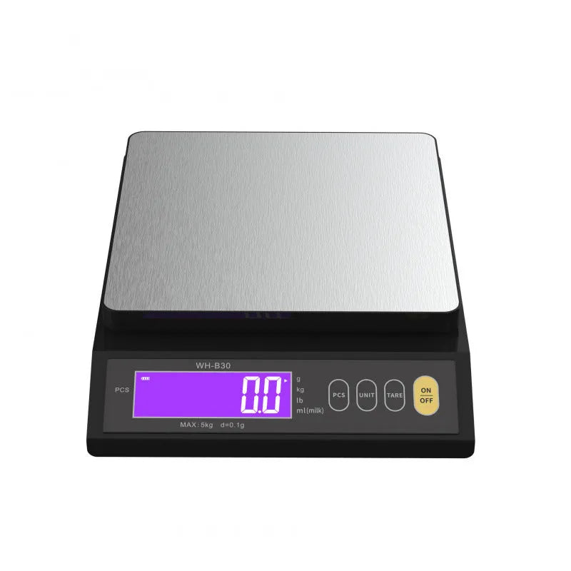 High-precision business electronic scale with rechargeable battery, 10kg 0.1g accuracy, compact 20 x 5cm design