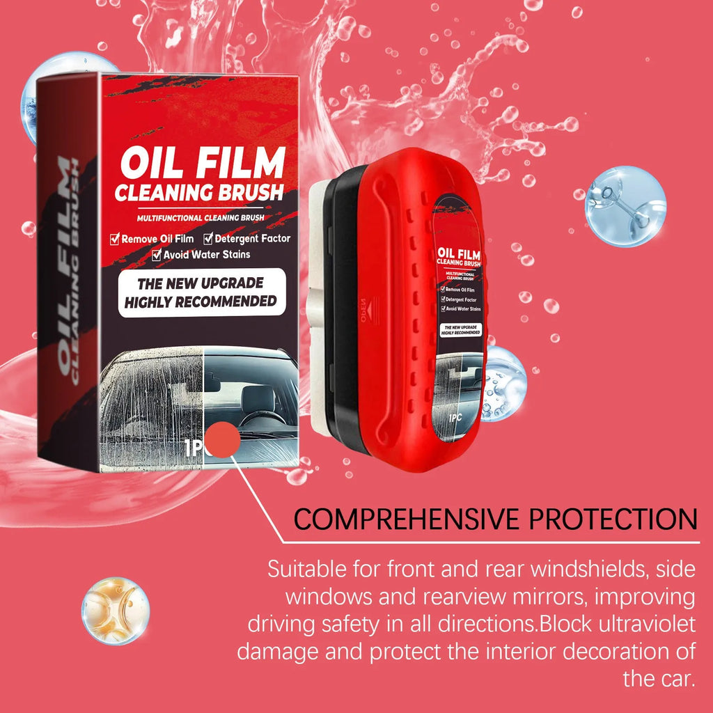 Car glass oil film cleaner with integrated liquid brush and reusable foam sprayer for windscreen cleaning