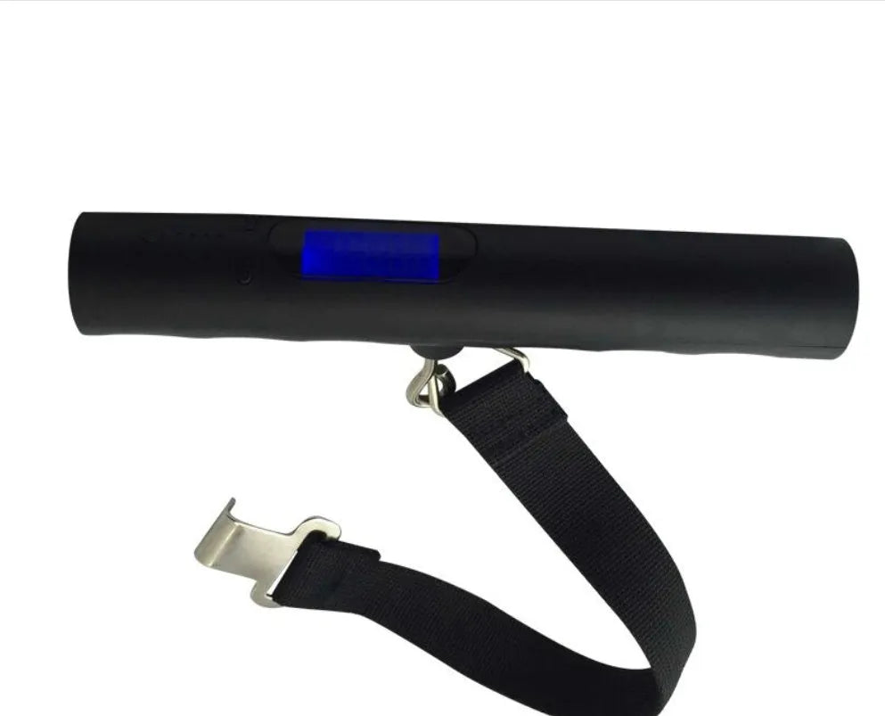 Black USB mobile power luggage scale with ABS body and blue backlit LCD display