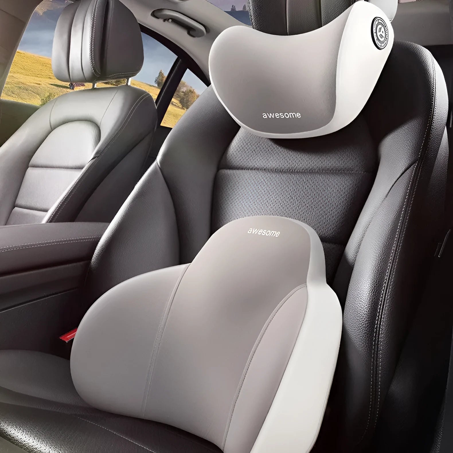 Automotive headrest and lumbar support pillows with memory foam filling and cotton covers in multiple colour options