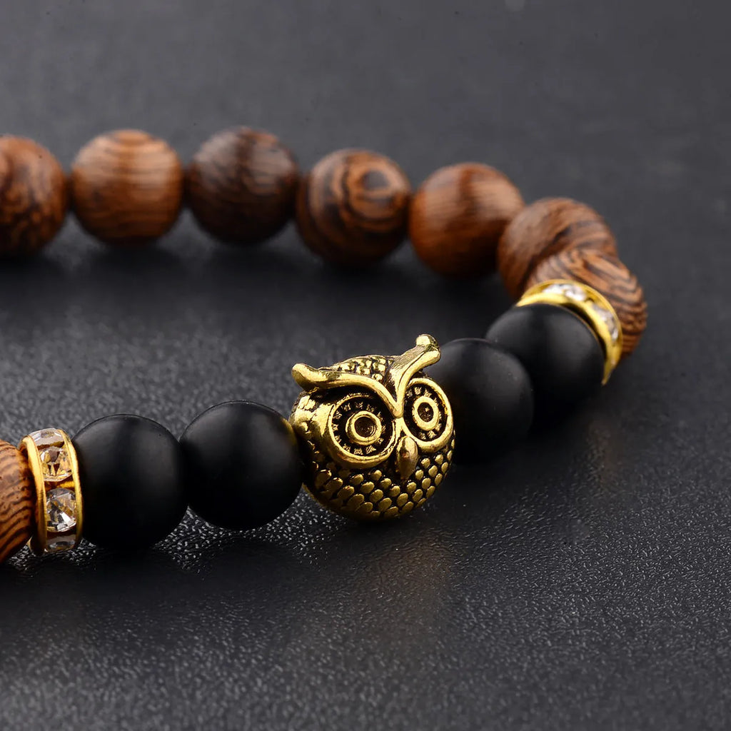 Owl frosted stone lifeline wood grain bracelet in black with wood beads and alloy clasp