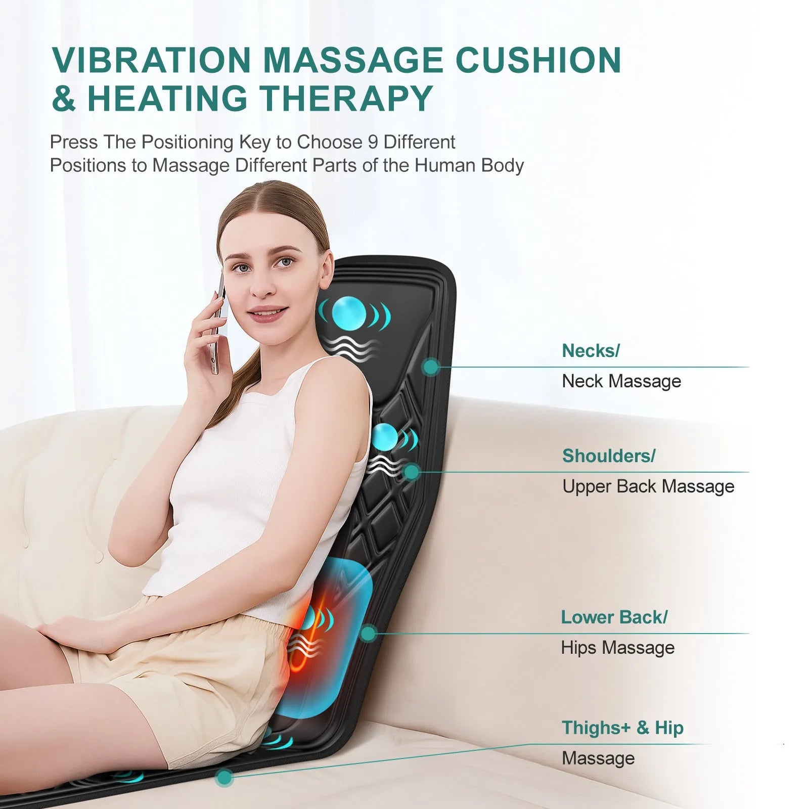 9-speed massage cushion with timer and heat on a black office chair, showing remote control and PU leather surface