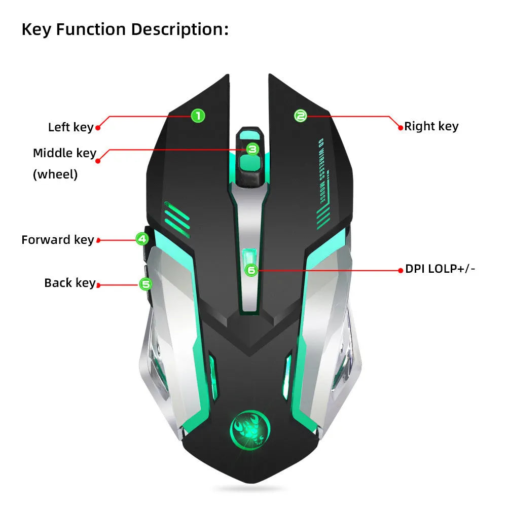 HXSJ wireless gaming mouse in black with glowing effect, side view showing ergonomic shape and buttons