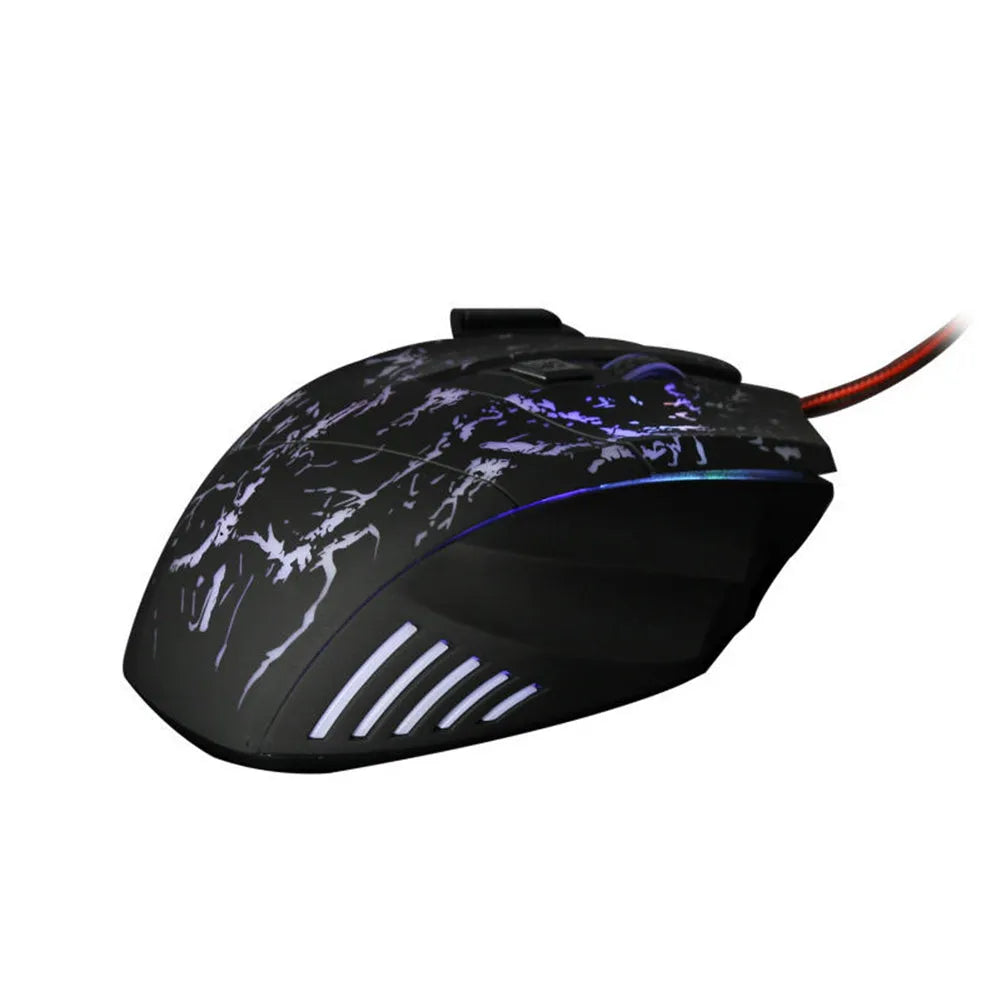 Black transparent wired optical gaming mouse with LED lighting and USB cable