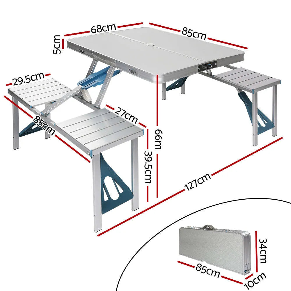 Aluminium alloy one-piece folding table and chair set in silver grey or blue, folded and expanded views, 85.5cm tabletop
