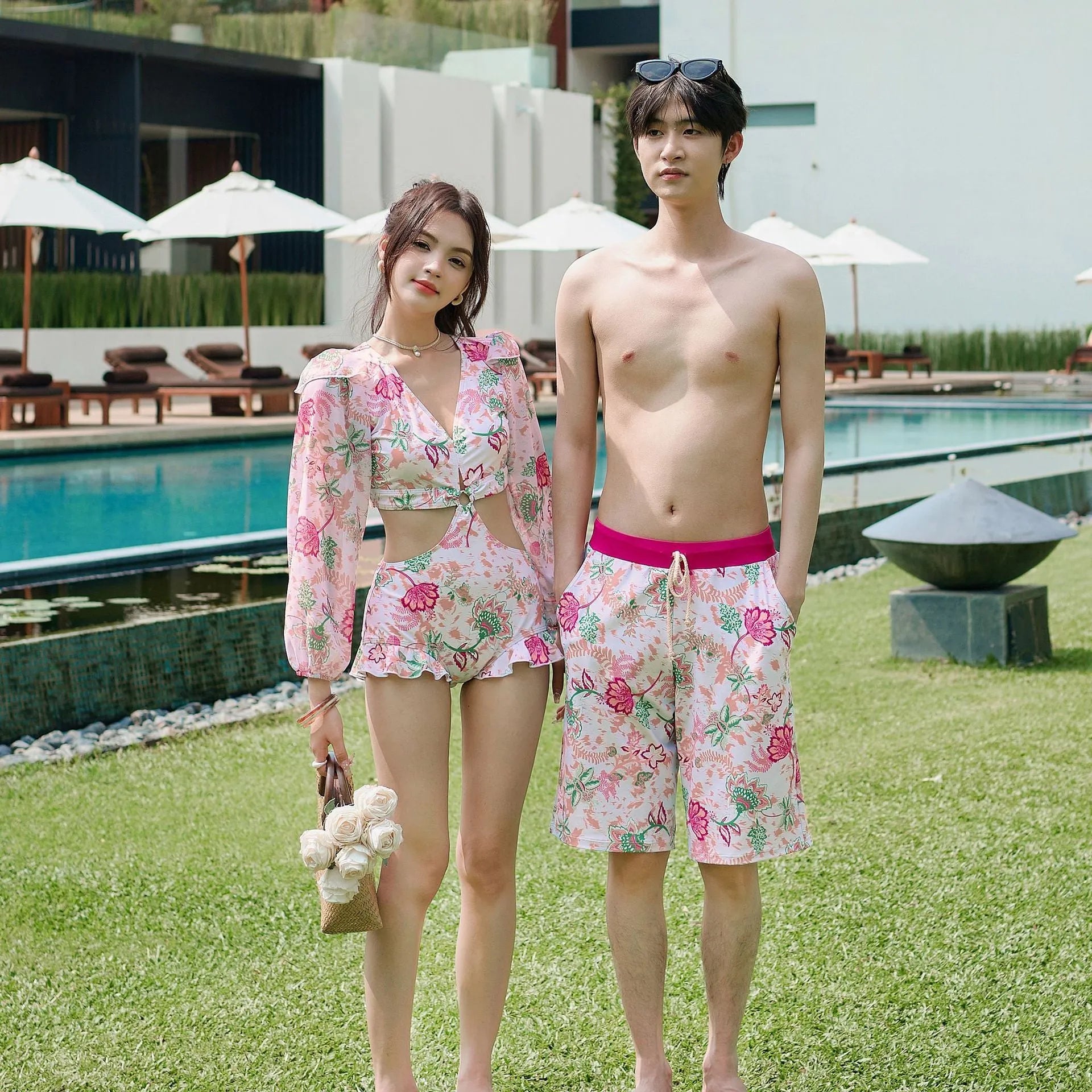 Couple retro printed long sleeve one-piece swimsuit in floral pattern, available for men and women, polyester fabric