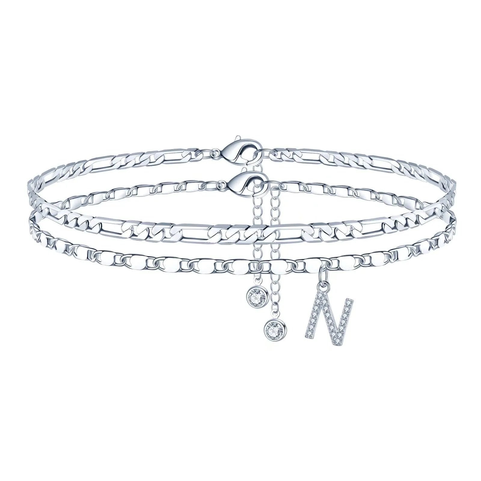 Copper double-circle bead anklet with silver colour finish showing customisable letter styling options