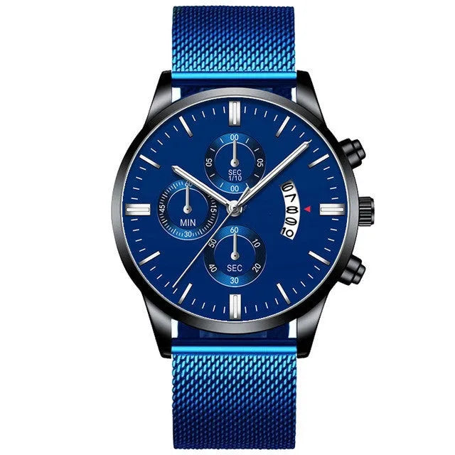 Men's stainless steel quartz watch with a mesh band, showing a two-tone colour option on an analog dial.
