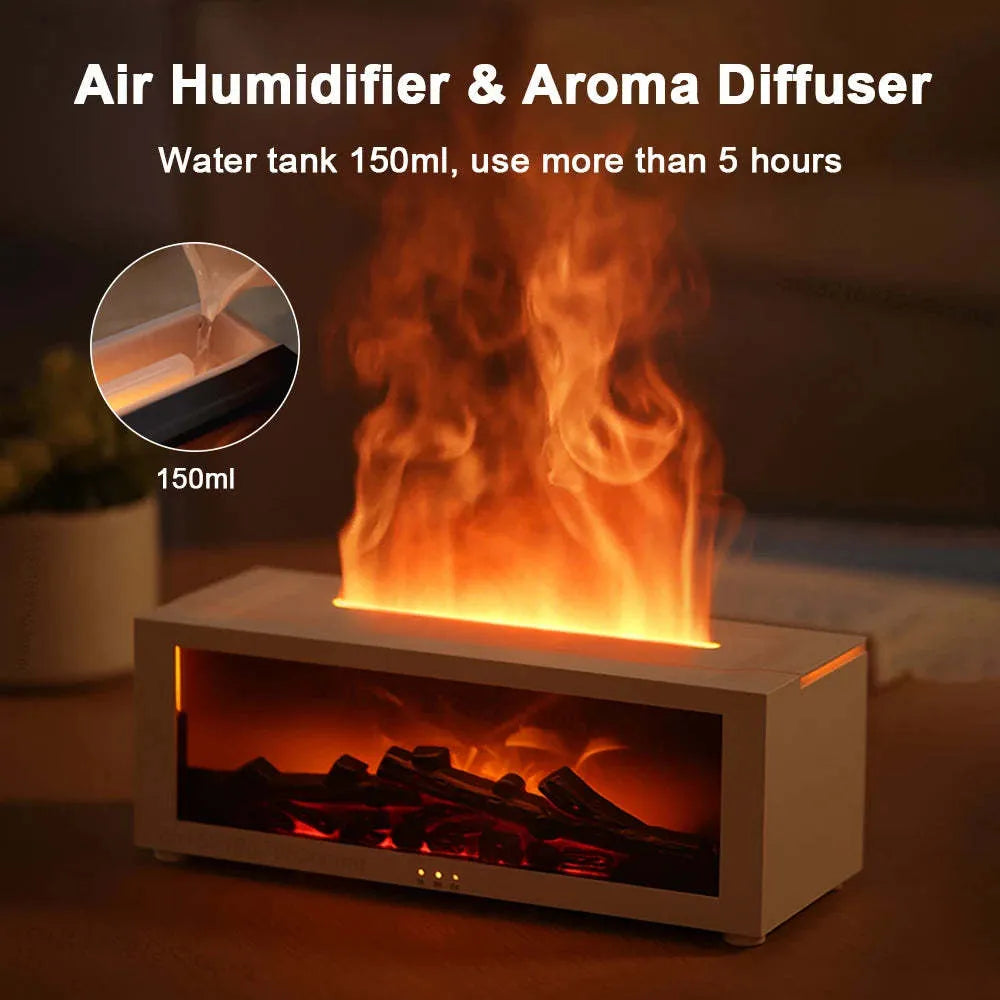 Square flame aromatherapy machine with LED 3D flame effect, seven colour mood lights, and remote control.