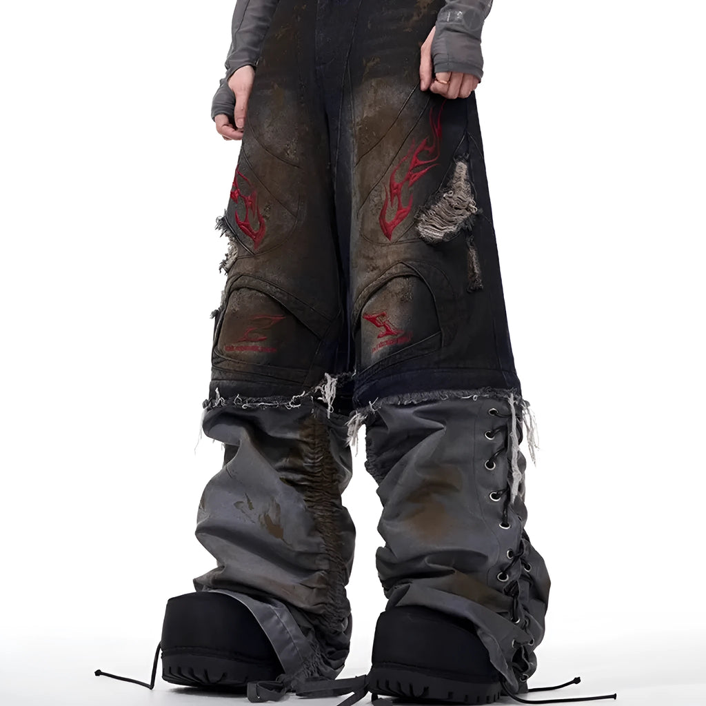 Men's light blue wide-leg jeans with detachable legs shown in a retro style.