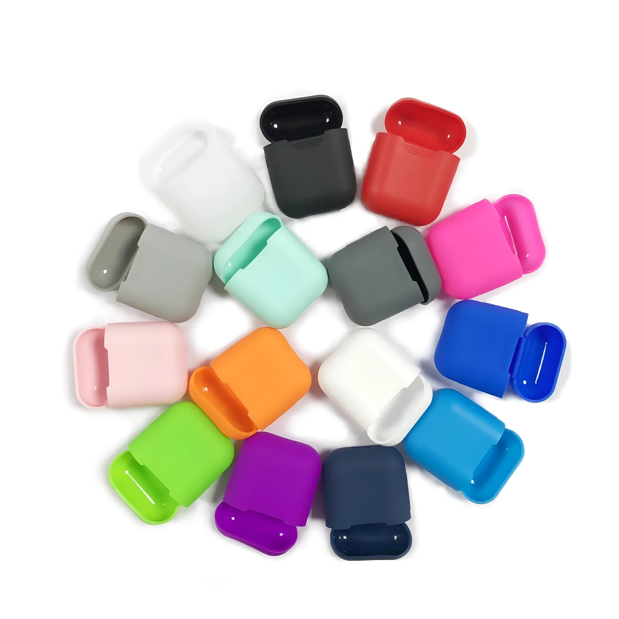 Silicone protective case for Bluetooth headset in assorted colours showing dimensions 56mm by 46mm by 22mm.