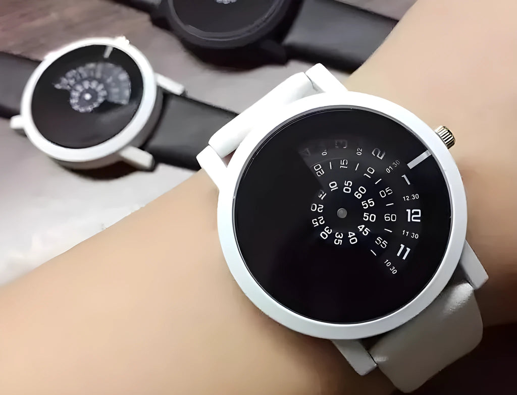 Quartz watch with turntable dial, imitation leather strap, black white colour, 39.5mm diameter