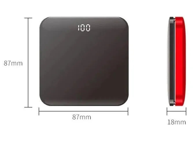 Ultra-thin mirror mini charging power bank with LCD display and alloy shell in black