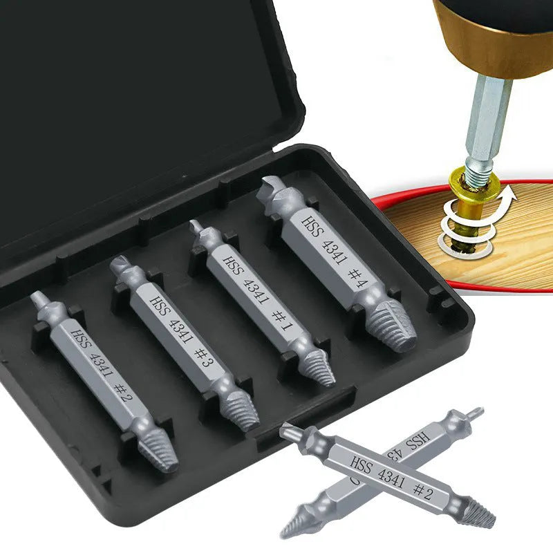 6-piece high speed steel 4341 slip-tooth head screw extractor set on a neutral background