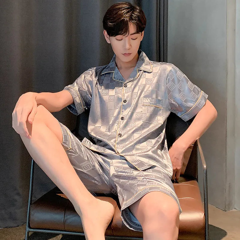 Men's ice silk short sleeve pajama set in plaid pattern, plus size loose fit, summer homewear suit