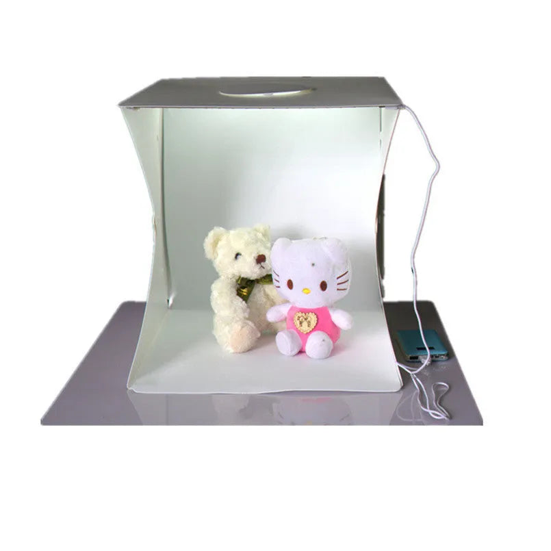 Mini folding studio set with dual LED lights, 40cm cube, six colour background cloths