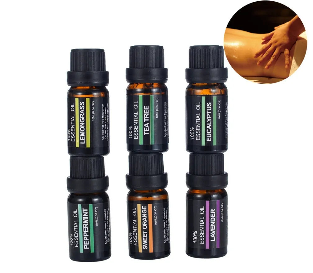 Six 10ml aromatherapy massage oil bottles with lavender, tea tree and citrus essential oil blends