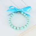 Adjustable dog pearl necklace with rhinestones on blue ribbon for small dogs