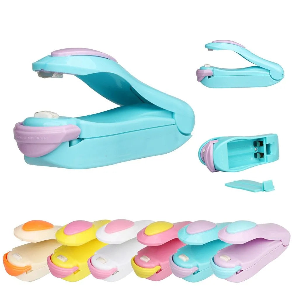 Mini hand pressure heat sealing machine in blue on white background, 10cm long ABS and metal body