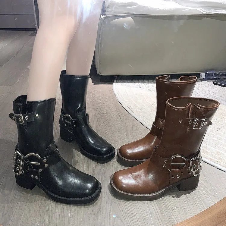 Women's black platform ankle boots with buckle strap on block heel