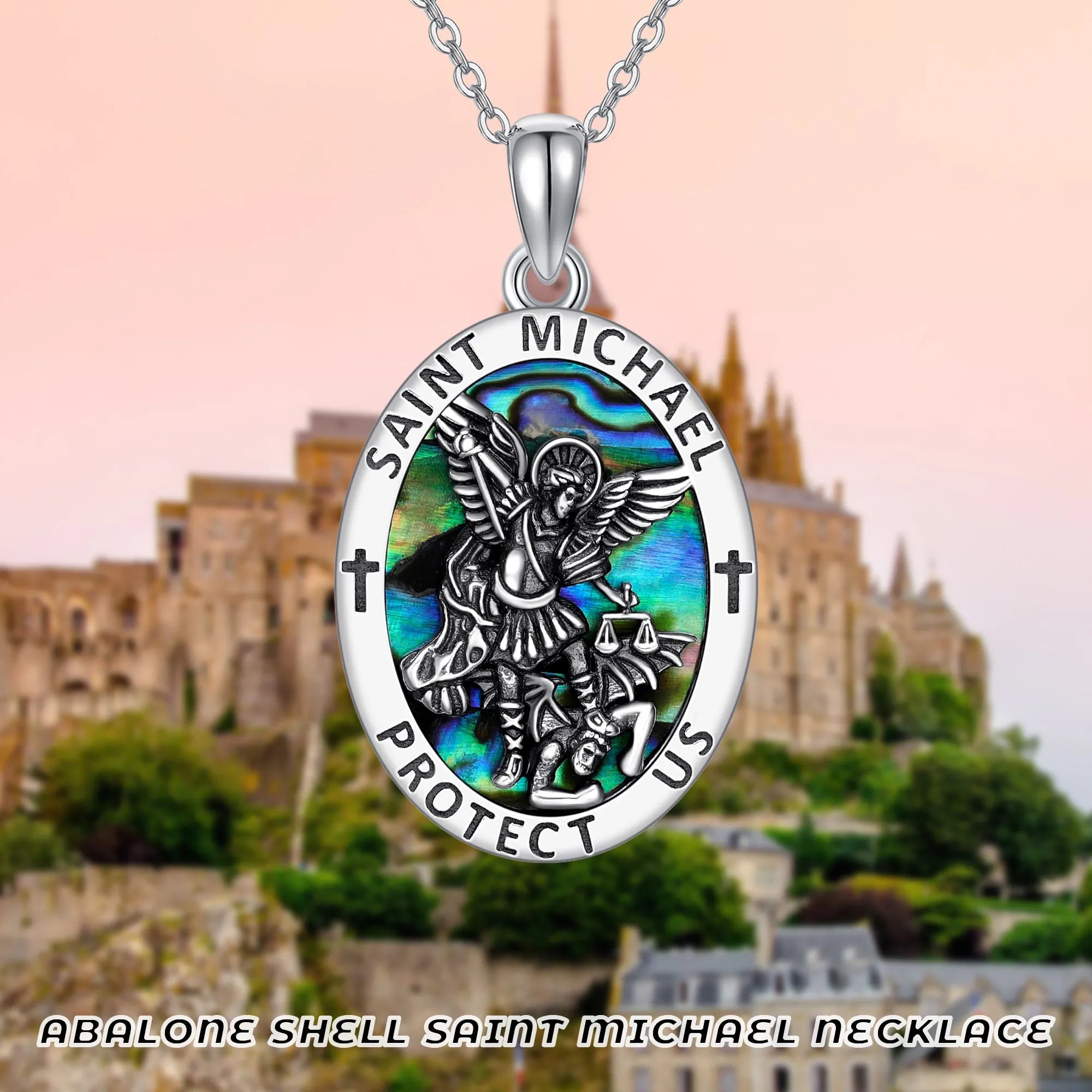 Sterling silver Saint Michael coin medal pendant with abalone stone on chain – 18x32mm