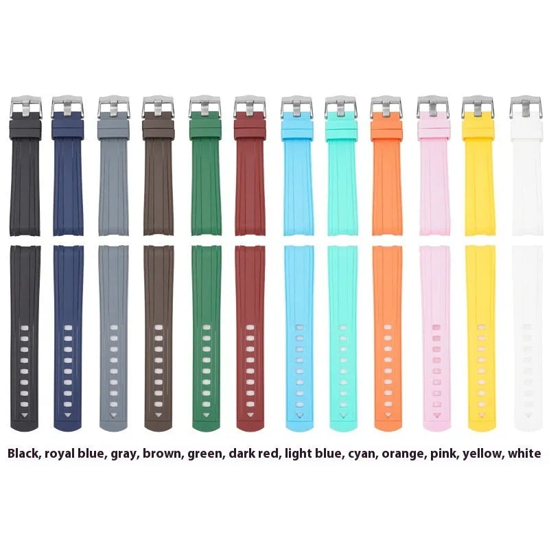 Apple Watch strap with silver buckle in 12 colour options including army green, sapphire blue, and dark red.