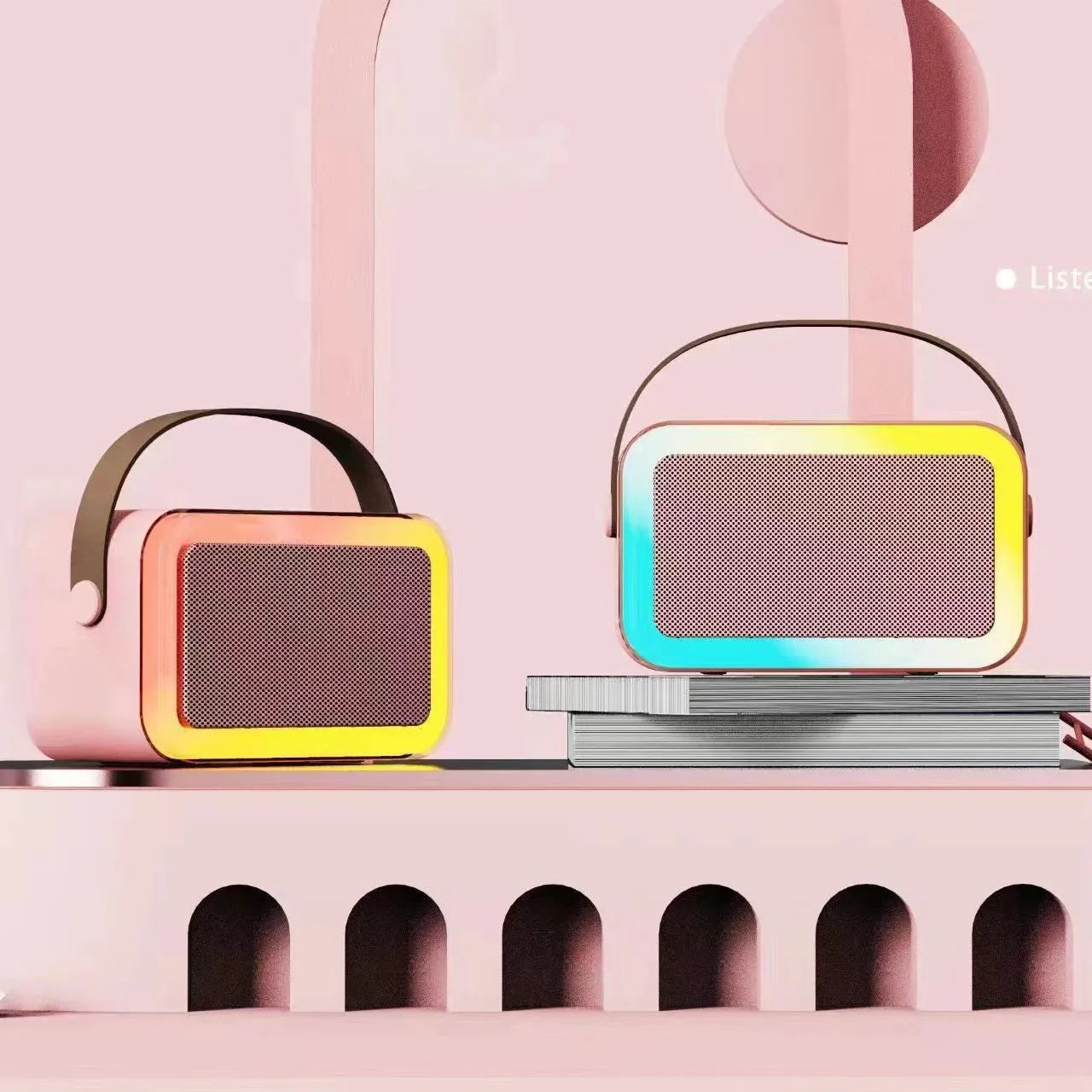 White, pink, or sky blue portable Bluetooth karaoke speaker with microphone and coloured LED lights.