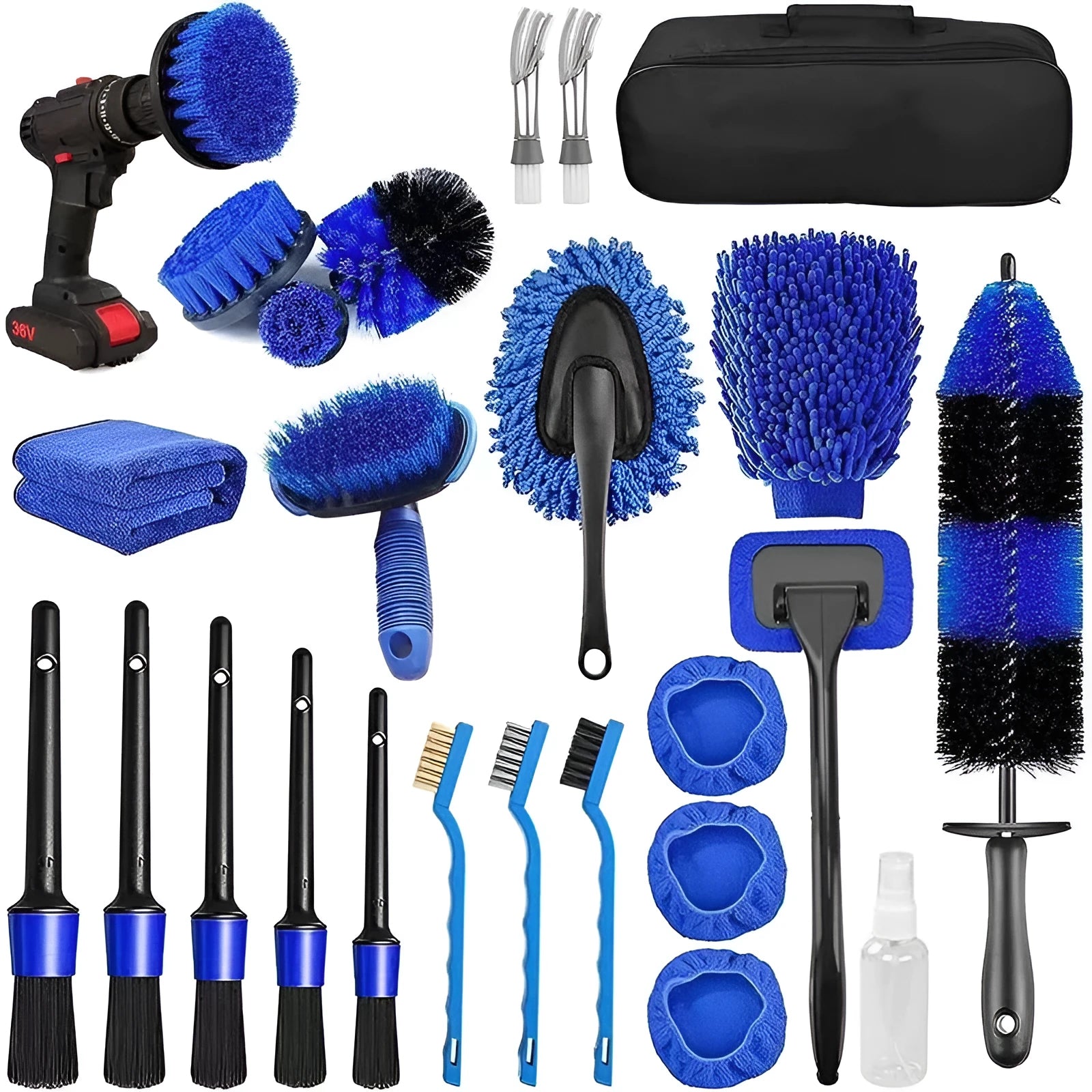 26-piece car tyre brush and wheel cleaning kit with extended handle and soft bristles
