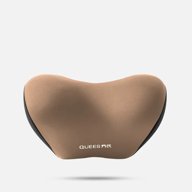 Black and grey memory foam car seat lumbar support pillow and headrest on a car seat.