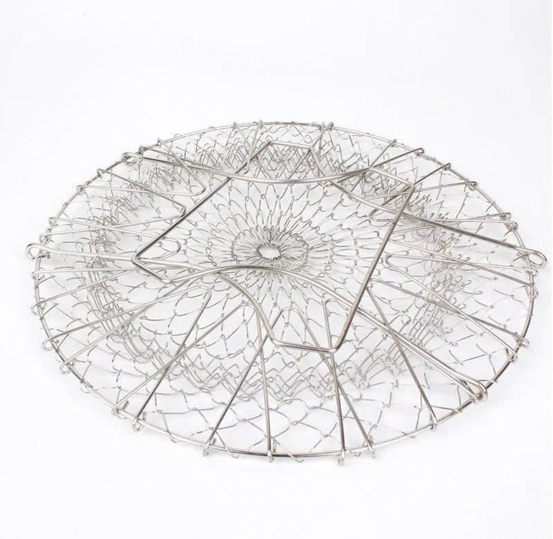Stainless steel foldable deep fry basket with a grid design and a handle.