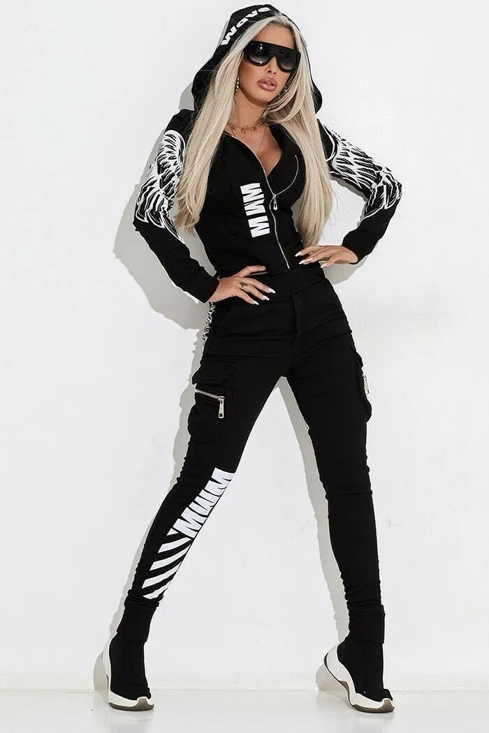 Black women's hooded casual suit with wings printing on the top, paired with matching trousers.