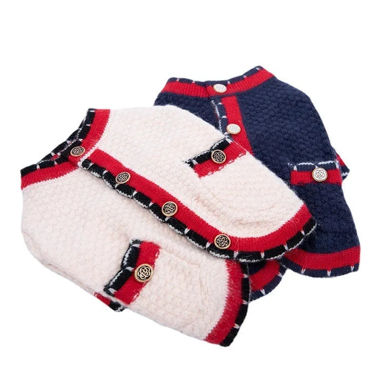 Blue Classic Princess style Wool cardigan sweater for a dog, showing cardigan opening and soft knit.