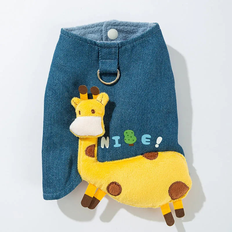 Blue 3D deer denim pet vest with polar fleece lining and leash hook for small dogs and cats