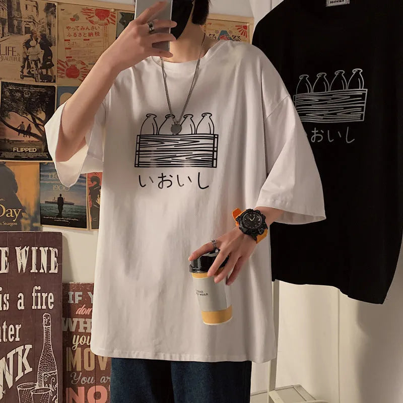 Printed Hong Kong style loose fit short sleeve t-shirt in black, front view