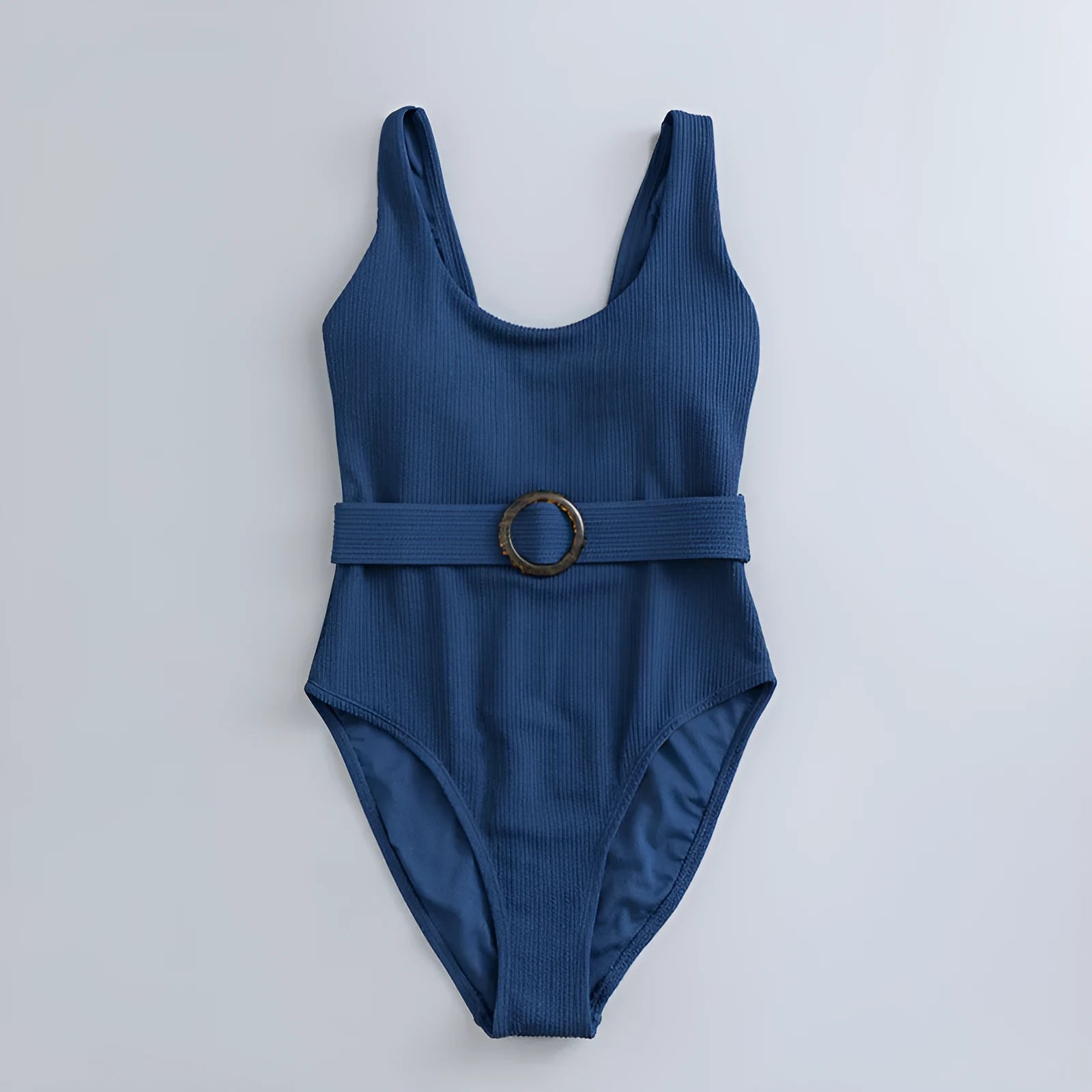 Navy blue women's one-piece slimming swimsuit with triangle neckline and chest pad.