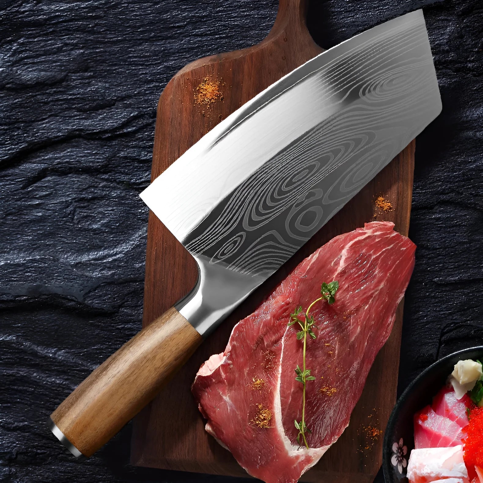 Stainless steel kitchen knife with a 320mm forged blade on a cutting board.