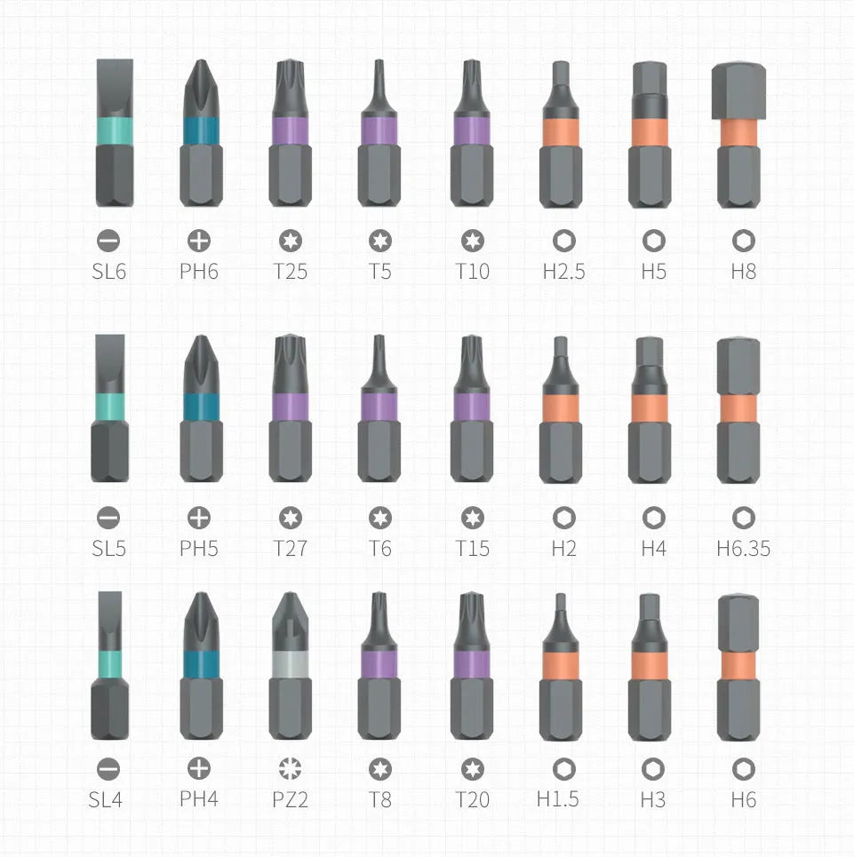 24 in 1 ratchet screwdriver set with S2 alloy steel bits and black handle on white background