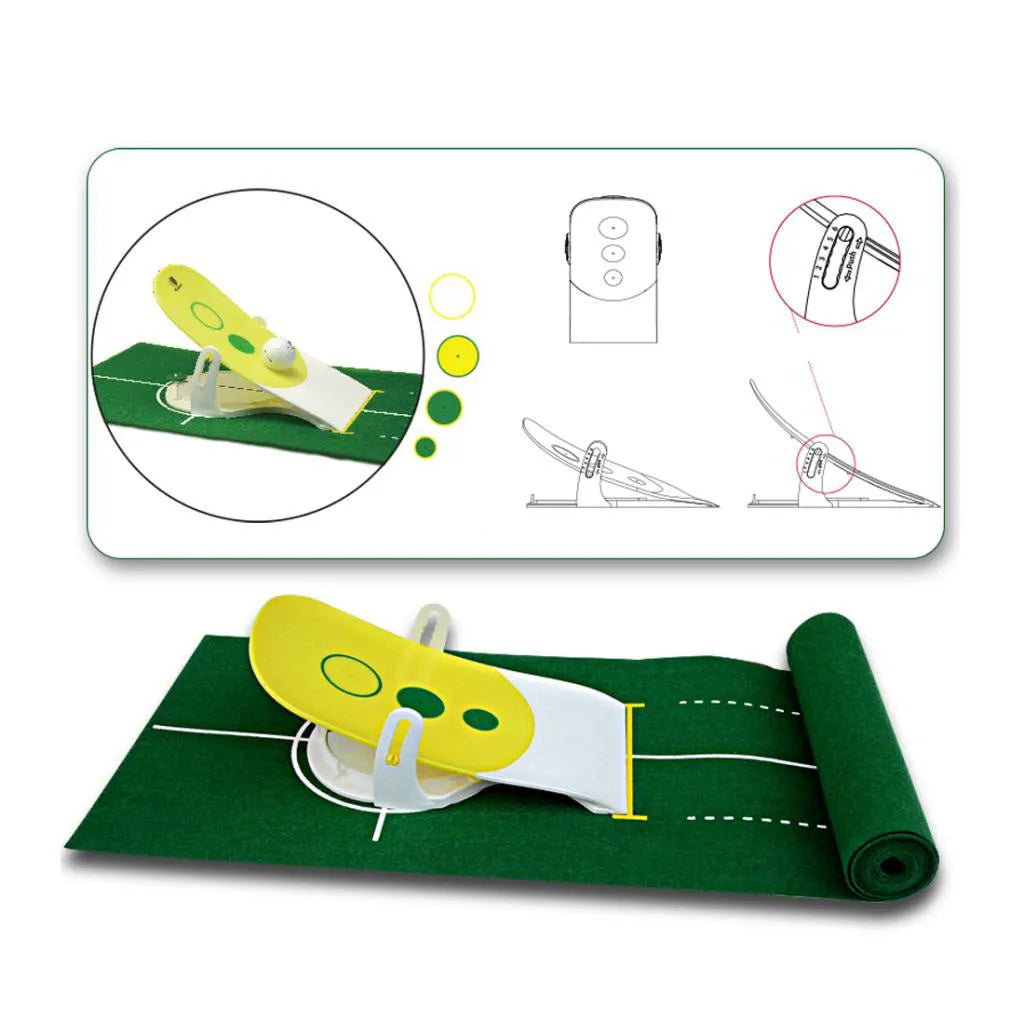 Precision putter exerciser with 230cm non-woven green putting mat and simulator unit on a living room floor