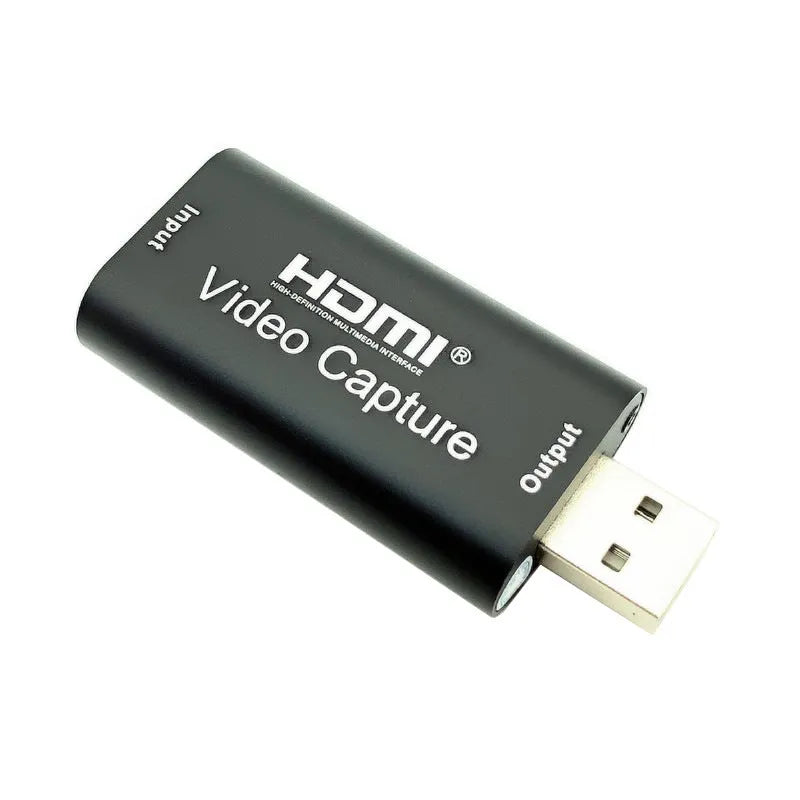 Black HDMI video capture card with USB connector, 64x28x13mm, supporting 4K input and 1080P output