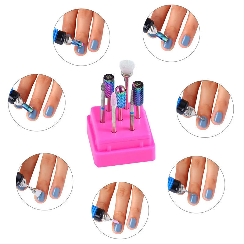 Set of seven tungsten steel nail drill bits and a brush in a transparent plastic case.