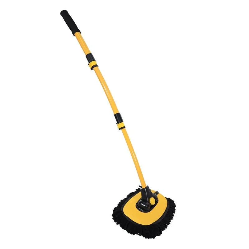 Telescopic curved rod car cleaning brush with aluminium chenille head, shown with a spare brush head, in blue and yellow colours.