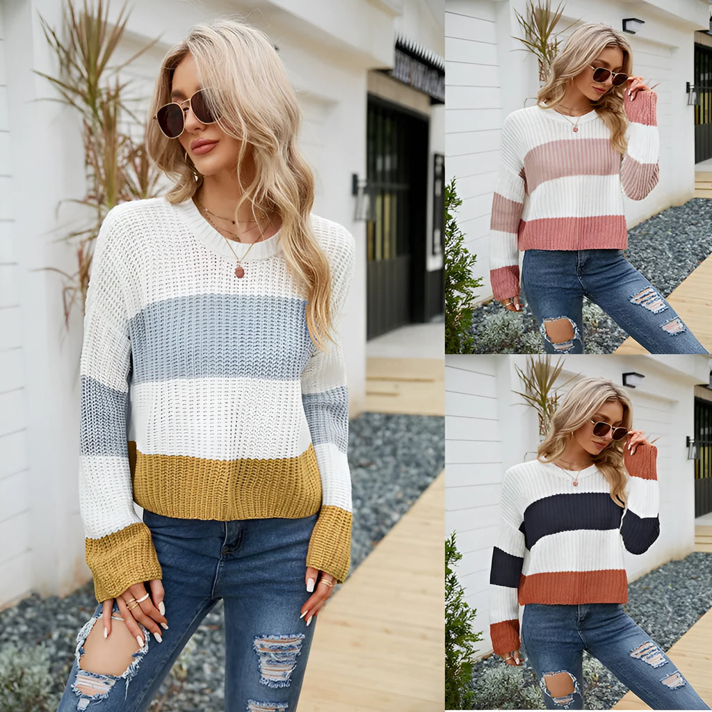 Women's striped acrylic pullover jumper with V-neck and 40cm short length in loose fit