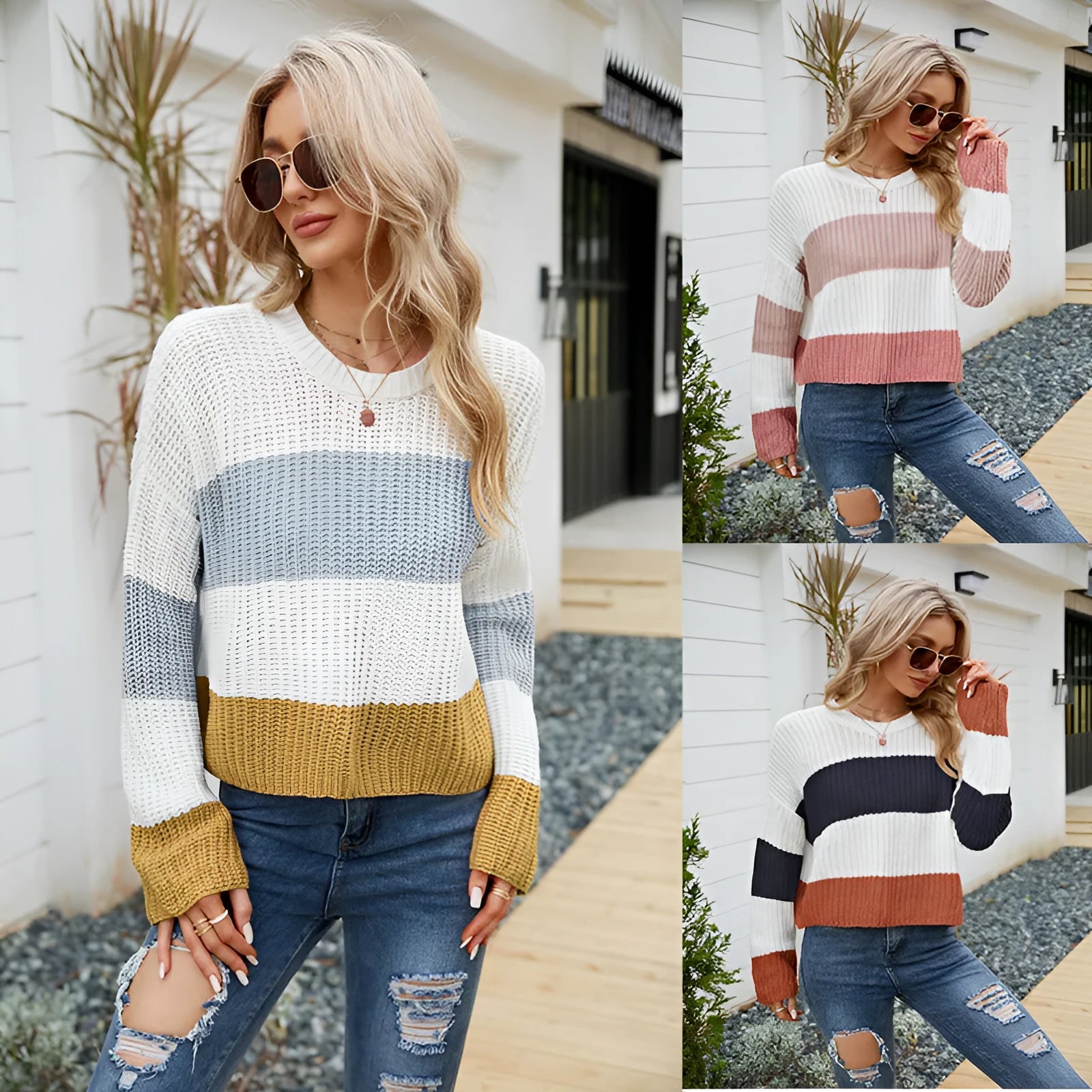 Women's striped acrylic pullover jumper with V-neck and 40cm short length in loose fit