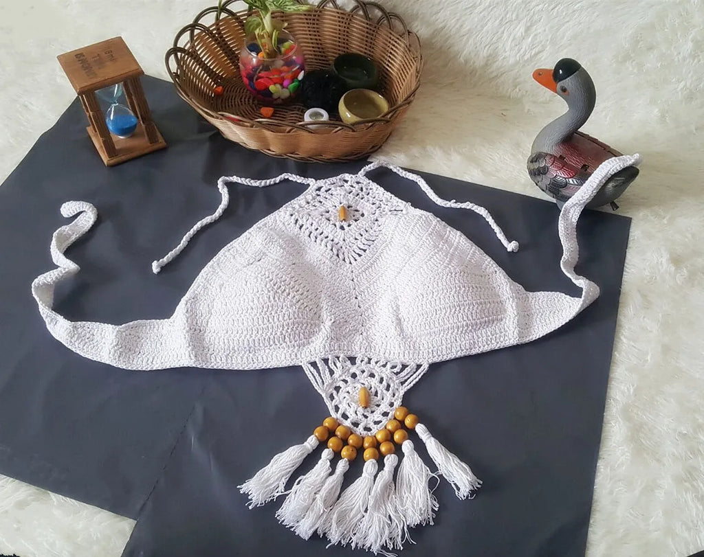 Women's crochet tassel bikini set in black, khaki, and white with tassel details, beachwear