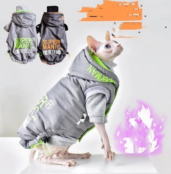 Space Grey hairless cat winter coat with windproof TP polyester outer and cotton lining, sizes S-XXL